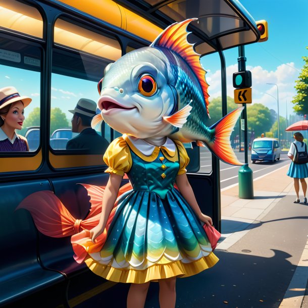 Ilustração de um peixe em um vestido no ponto de ônibus