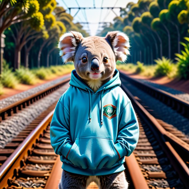 Imagem de um coala em um hoodie nos trilhos ferroviários