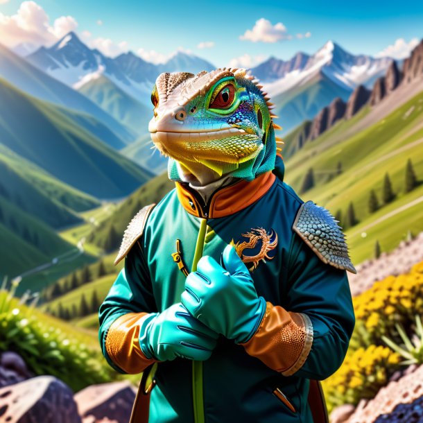 Picture of a lizard in a gloves in the mountains