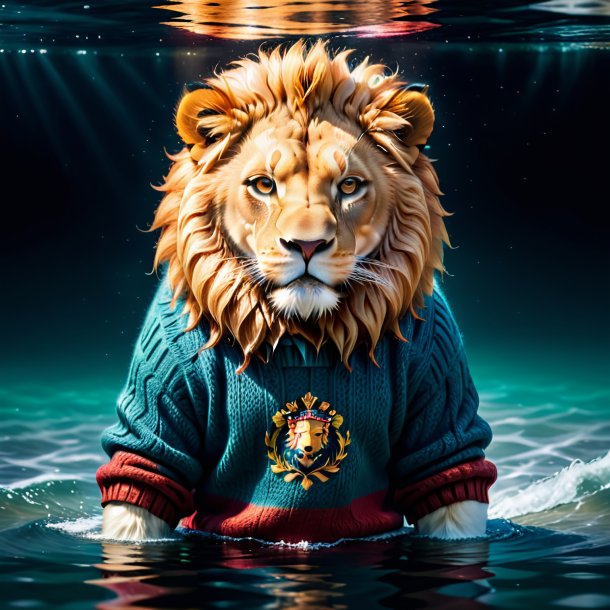 Image of a lion in a sweater in the water