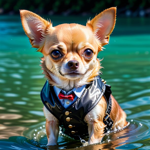 Pic of a chihuahua in a vest in the water