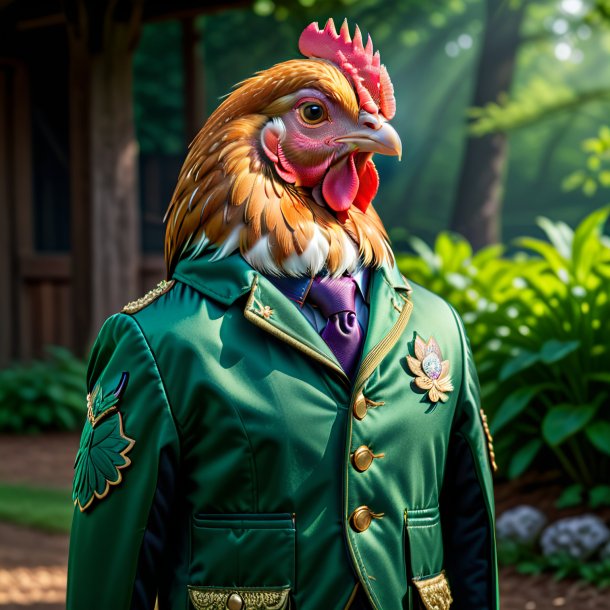 Imagen de una gallina en una chaqueta verde