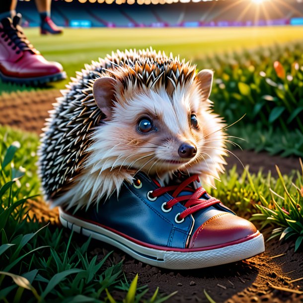 Photo of a hedgehog in a shoes on the field