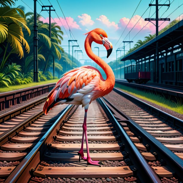 Illustration of a flamingo in a coat on the railway tracks