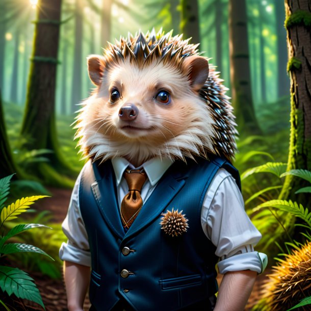 Drawing of a hedgehog in a vest in the forest