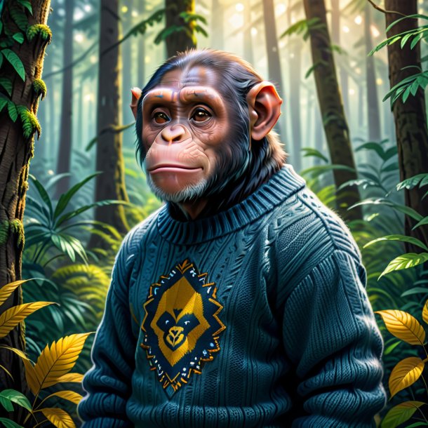 Drawing of a chimpanzee in a sweater in the forest