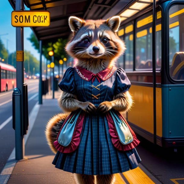 Photo of a raccoon in a dress on the bus stop