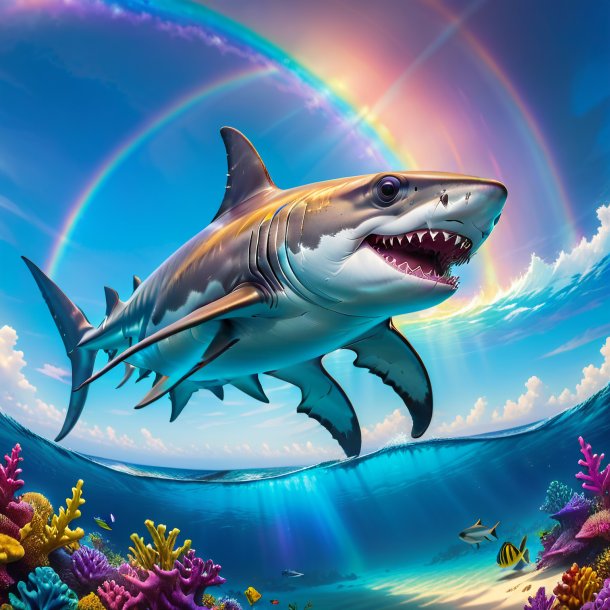 Picture of a smiling of a hammerhead shark on the rainbow