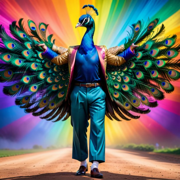 Imagen de un pavo real en un pantalón en el arco iris