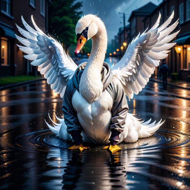 Foto de un cisne en una sudadera con capucha en el charco