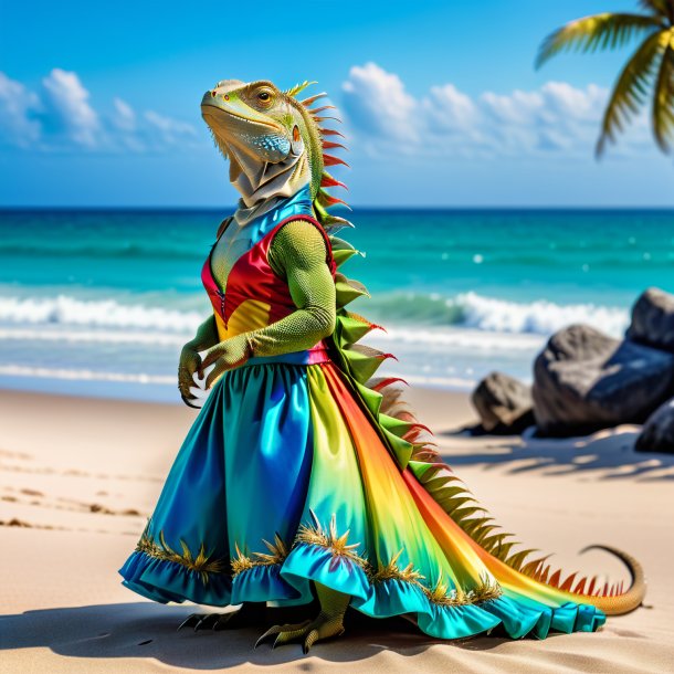 Imagem de uma iguana em um vestido na praia