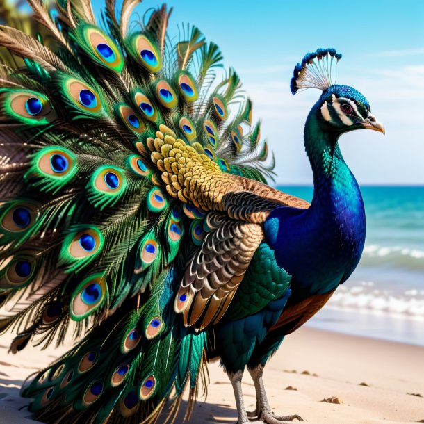 Image of a peacock in a vest on the beach