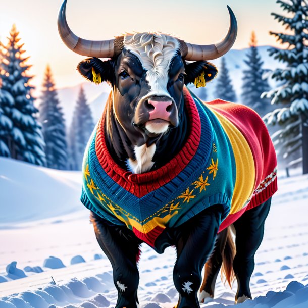 Photo of a bull in a sweater in the snow