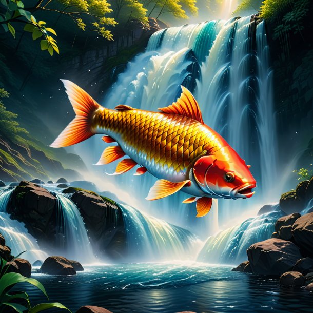 Drawing of a carp in a jeans in the waterfall