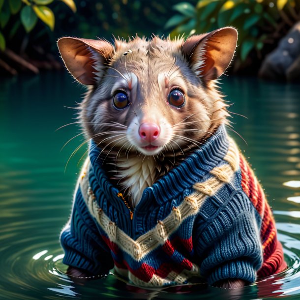 Picture of a possum in a sweater in the water