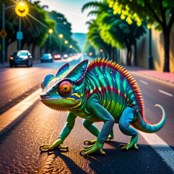 Pic of a dancing of a chameleon on the road