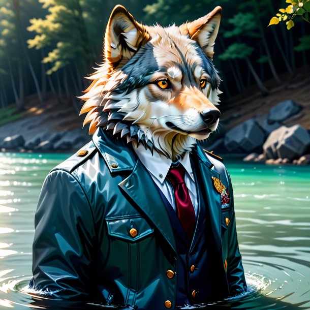 Ilustración de un lobo en una chaqueta en el agua