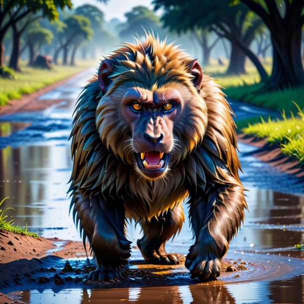 Photo of a angry of a baboon in the puddle