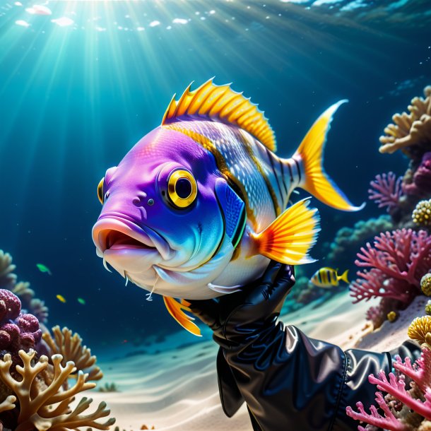 Picture of a fish in a gloves in the sea