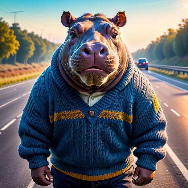 Image of a hippopotamus in a sweater on the highway