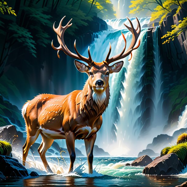 Image of a angry of a deer in the waterfall