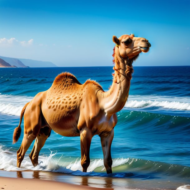 Photo of a camel in a jeans in the sea
