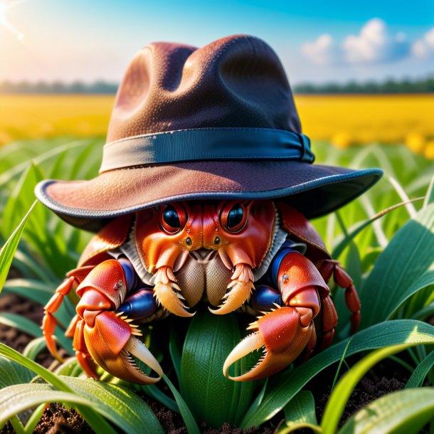 Image of a hermit crab in a hat on the field