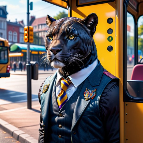 Foto de uma pantera em um colete no ponto de ônibus