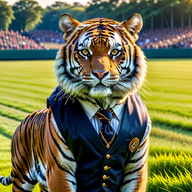 Foto de um tigre em um colete no campo