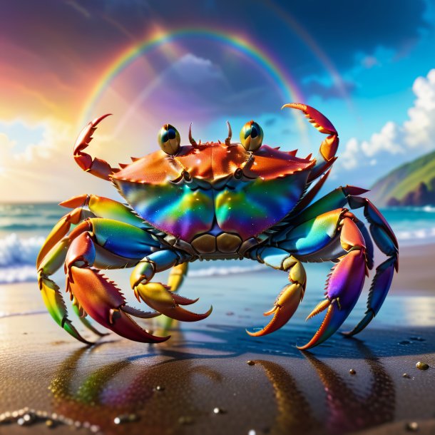 Image of a crab in a coat on the rainbow