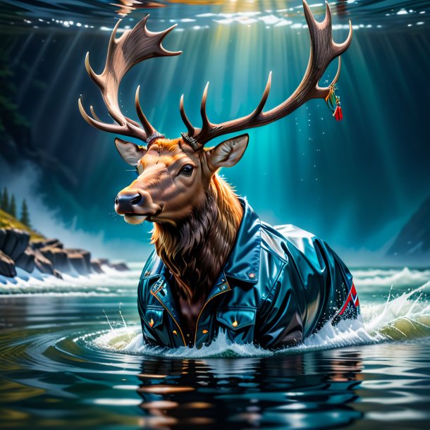 Picture of a elk in a jacket in the water