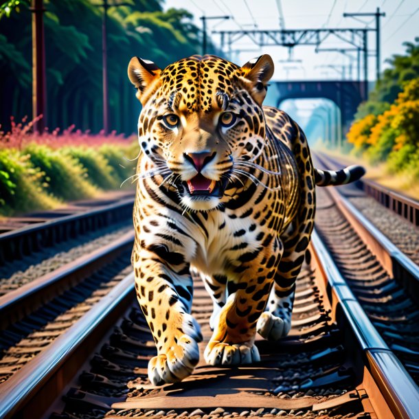 Photo of a dancing of a jaguar on the railway tracks