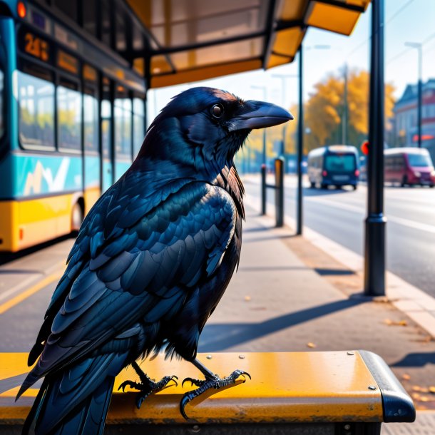 Picture of a resting of a crow on the bus stop