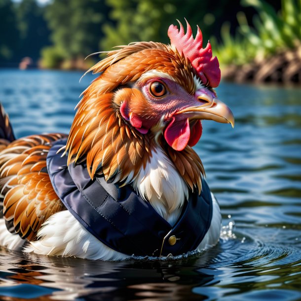 Foto de una gallina en un chaleco en el agua