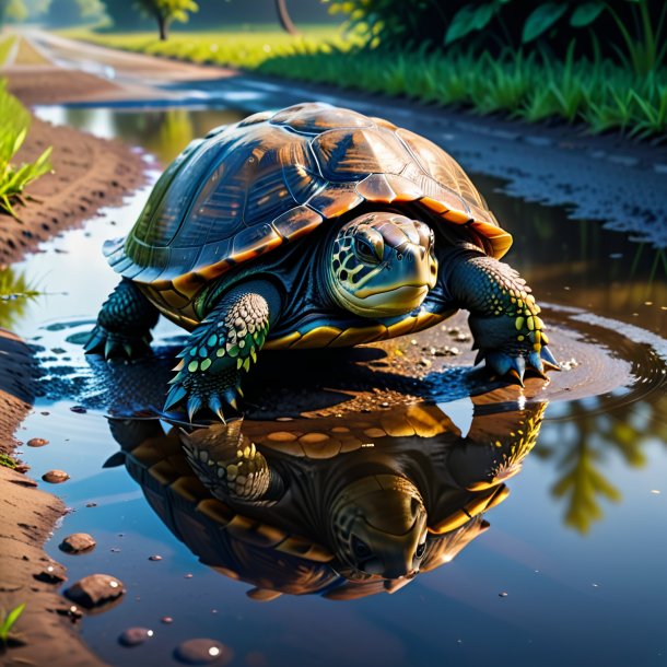 Foto de un baile de una tortuga en el charco