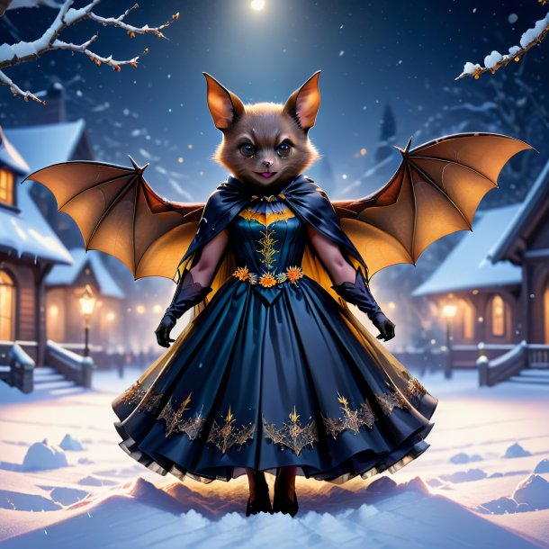 Illustration of a bat in a dress in the snow