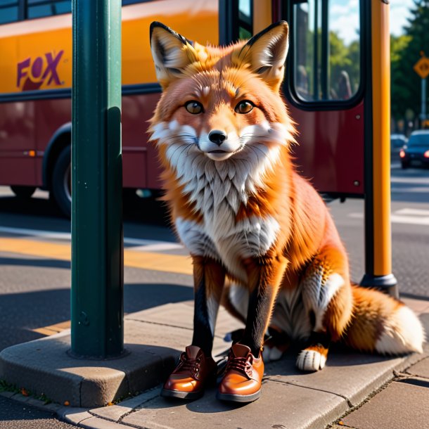 Foto de uma raposa em um sapato no ponto de ônibus