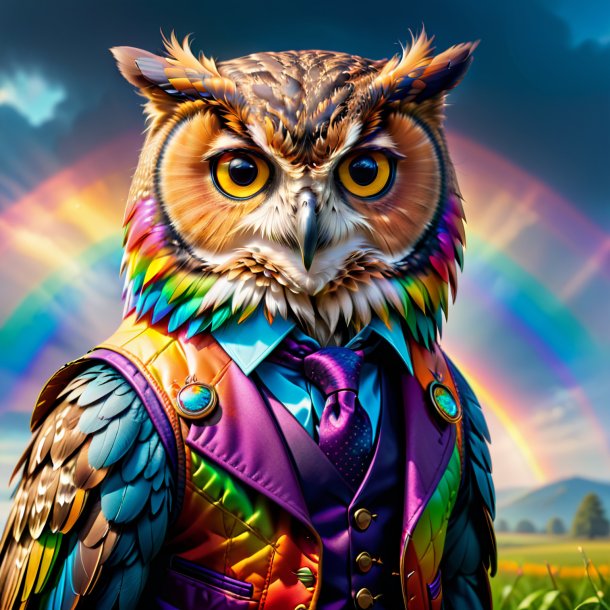 Picture of a owl in a vest on the rainbow