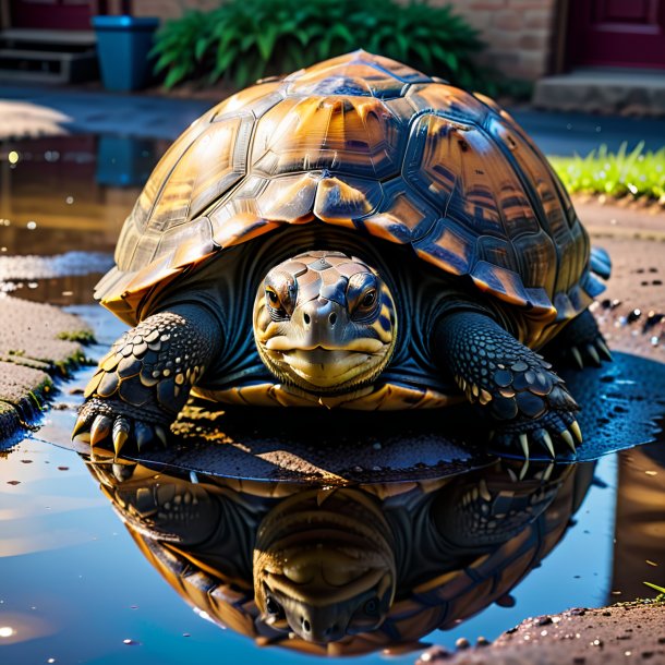 Image of a tortoise in a belt in the puddle