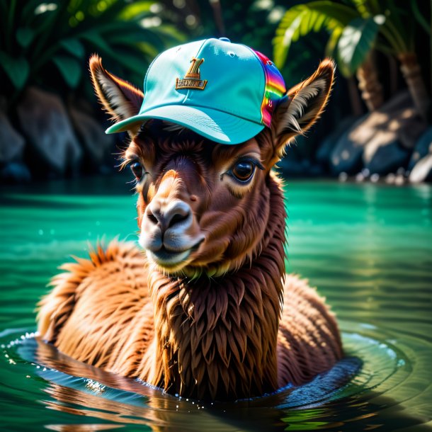 Photo of a llama in a cap in the water