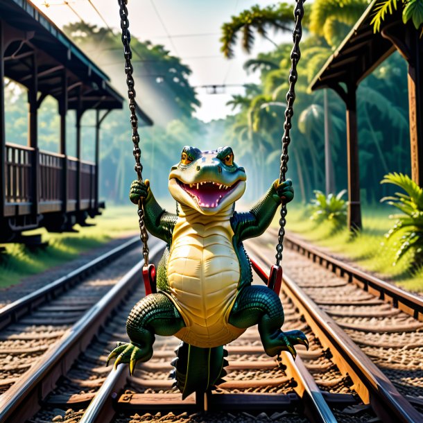 Image of a swinging on a swing of a alligator on the railway tracks
