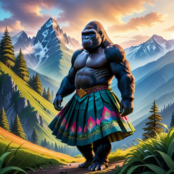 Drawing of a gorilla in a skirt in the mountains