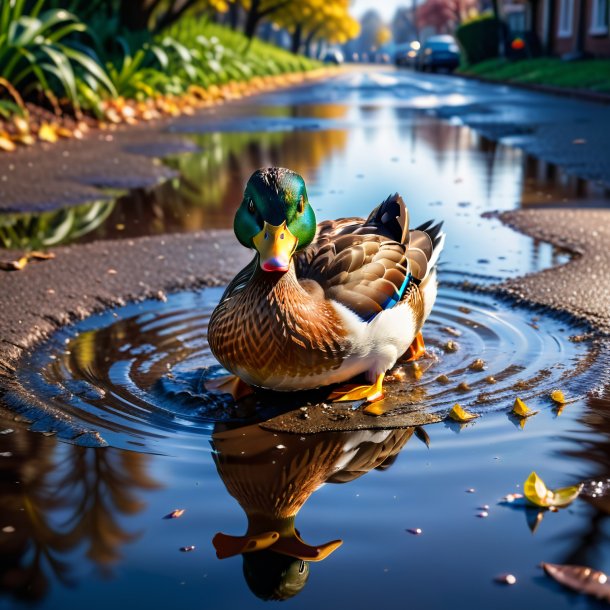 Image of a eating of a duck in the puddle