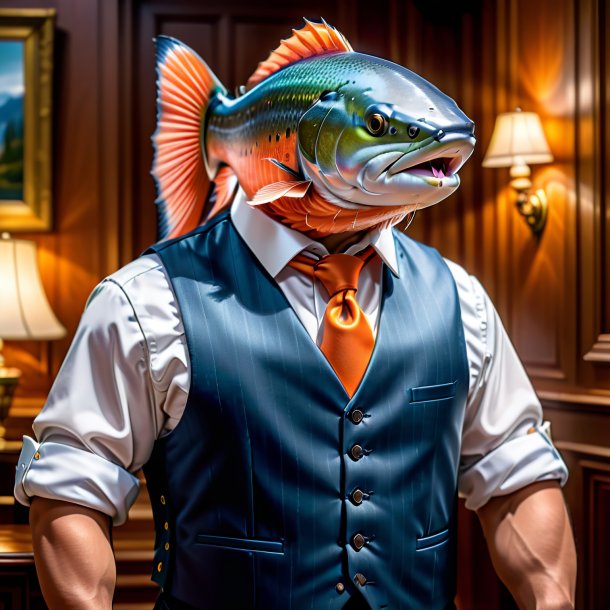 Image of a salmon in a vest in the house