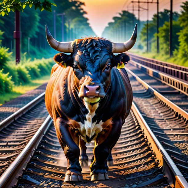 Foto de um touro em um colete nos trilhos ferroviários