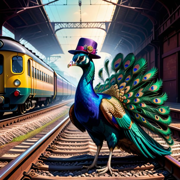 Illustration of a peacock in a hat on the railway tracks