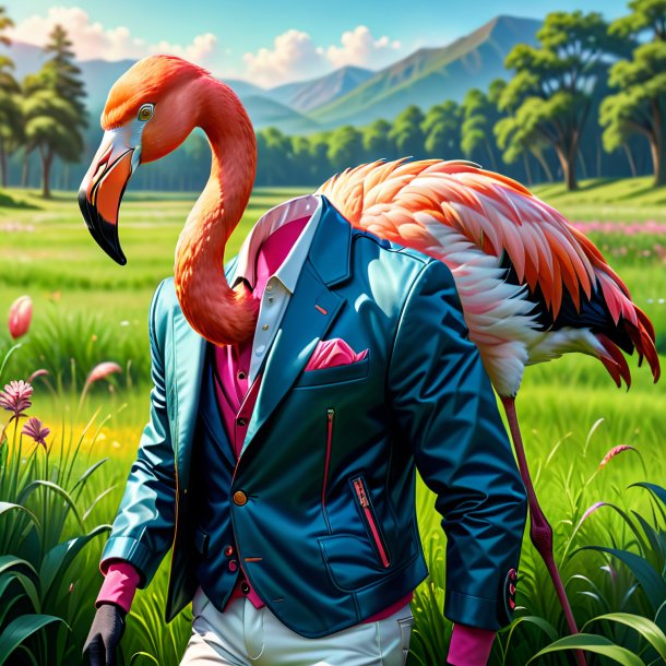 Illustration of a flamingo in a jacket in the meadow