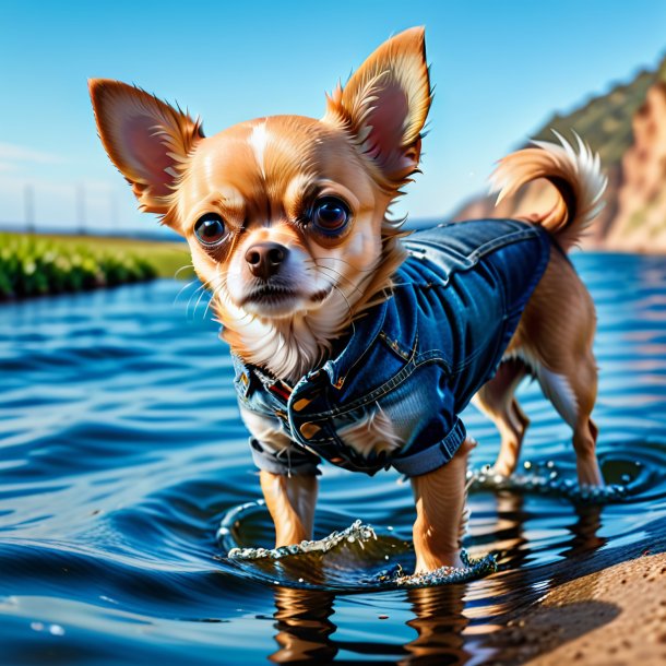 Foto de um chihuahua em um jeans na água