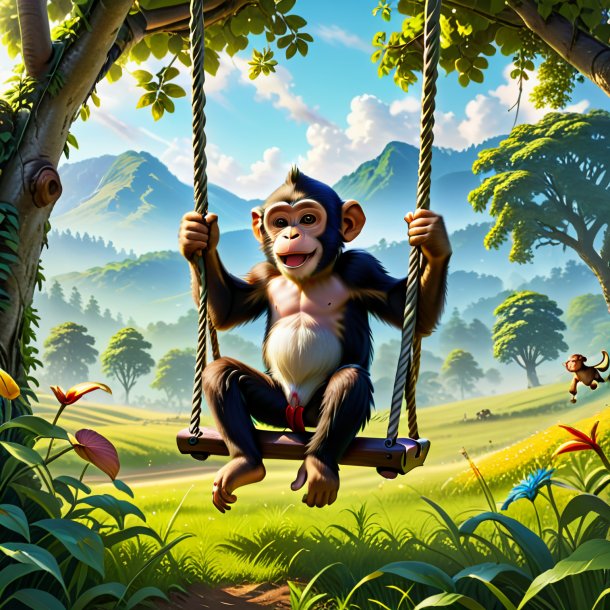 Image of a swinging on a swing of a monkey in the meadow