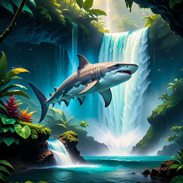 Picture of a hammerhead shark in a cap in the waterfall